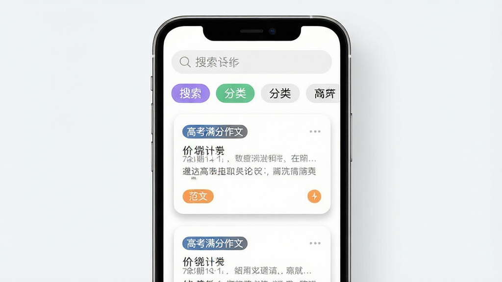 画面主体为手机界面展示作文分类列表,布局为上下结构,上方是搜索框与分类标签,下方是范文卡片瀑布流,排版疏密有致,风格为现代简约UI界面展示,细节包含“高考满分作文”文字标识、标签彩色圆角、卡片阴影层次,画质清晰,干净无多余元素