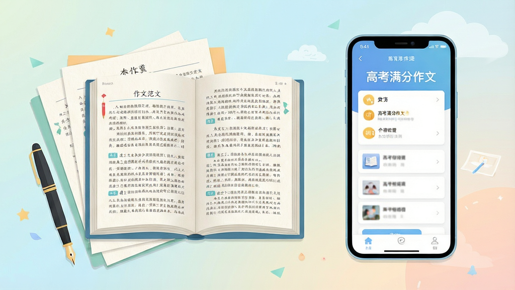 画面主体为一本翻开的作文书与手机屏幕并列展示,布局采用左右对称构图,左侧是堆叠的作文范文纸张与钢笔,右侧是显示“高考满分作文”应用界面的智能手机,排版干净整齐,风格为清新教育类扁平插画,细节包含书页文字纹理、手机界面卡片式布局、柔和渐变背景,画质高清,干净无多余元素