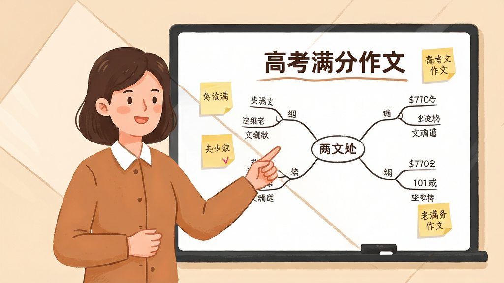 画面主体为一位教师形象在电子白板前讲解作文结构,布局为居中对角线构图,左侧教师手势指向右侧作文框架图,排版层次分明,风格为温暖插画风,细节包含“高考满分作文”标题字样、思维导图线条、便签式批注、柔和米色背景,画质高清,干净无多余元素