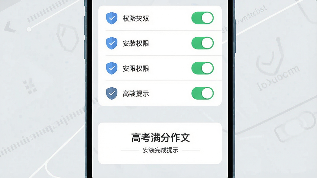 画面主体为手机屏幕展示应用安装权限设置界面,布局为居中特写构图,上方是权限开关列表,下方是“高考满分作文”安装完成提示,排版清晰直观,风格为扁平化科技插画,细节包含盾牌安全图标、绿色对勾标识、浅灰背景,画质高清,干净无多余元素