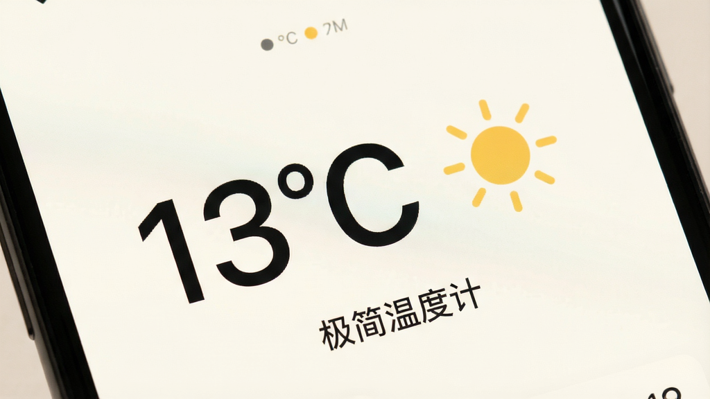 一张手机应用界面特写,屏幕中央显示大号摄氏度数字与太阳图标,四周留白充足,背景为柔和米白色,界面元素极简,风格现代扁平,画质干净清晰,画面中带