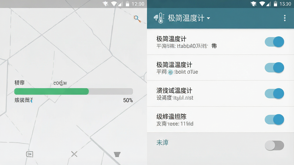 一张安卓手机安装界面与设置页面的组合示意图,左侧显示安装进度条,右侧显示权限开关列表,背景为浅灰色,风格科技感扁平化,细节清晰,画质干净,画面中带