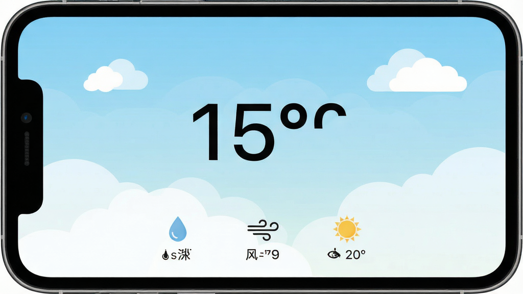 一张手机屏幕正面展示天气温度应用界面,画面中央是大号数字温度显示,背景为浅蓝色渐变天空与白色云朵,下方排列湿度、风力、体感温度等小图标,整体布局居中对称,风格清新简约扁平化,细节干净利落,画质清晰,无多余元素