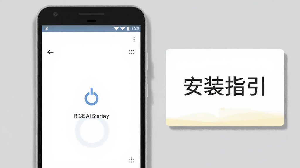 画面主体为一部安卓手机屏幕显示RICE AI启动界面,旁边放置一张写有“安装指引”字样的提示卡片;手机与卡片并排放在浅灰桌面;风格为教程示意插画,色调以白、蓝、浅黄为主;细节上界面加载图标清晰、卡片文字工整;画质清晰,干净,无多余元素