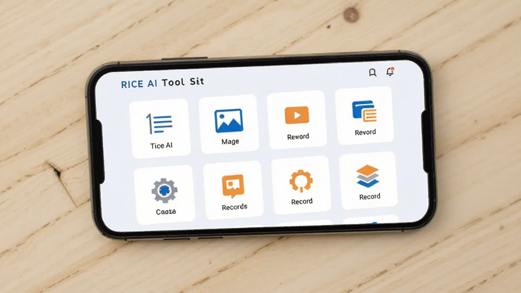 画面主体为RICE AI工具集页面,屏幕中显示多个功能图标网格排列,包含文本、图像、记录等图标;手机正面平放,背景为浅色桌面;风格为扁平化图标展示,色调以白、蓝、橙点缀;细节上图标线条简洁、间距均匀;画质清晰,干净,无多余元素