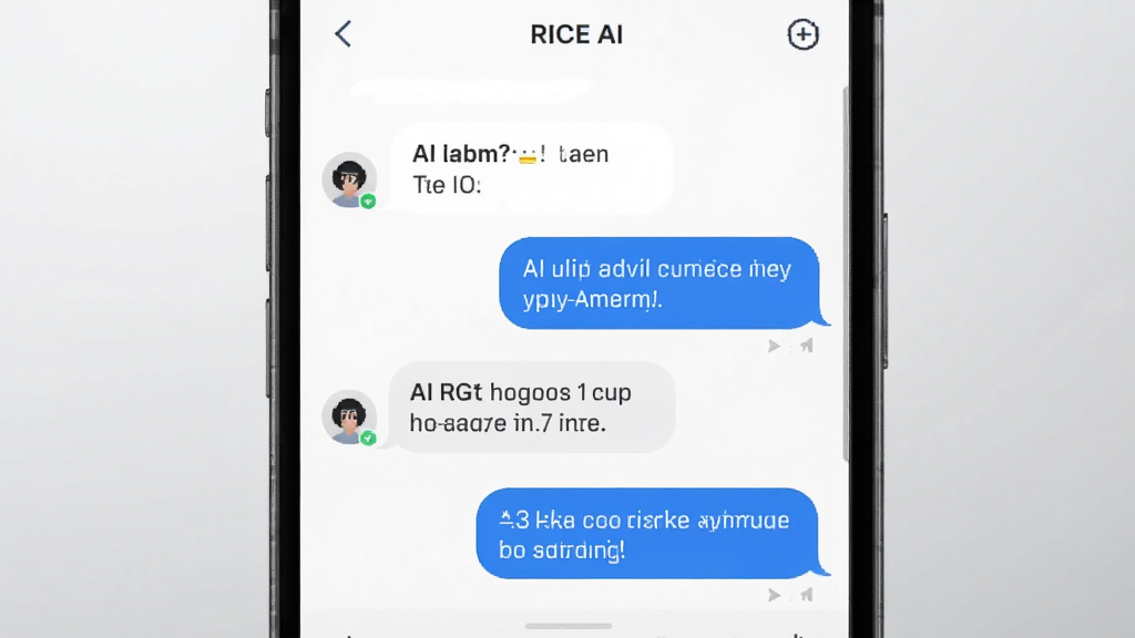 画面主体为RICE AI对话界面特写,屏幕中显示用户提问与AI回复的气泡对话;手机竖屏居中放置,背景为淡灰色渐变;风格为清爽UI展示图,色调以白、蓝、浅灰为主;细节上气泡圆角清晰、文字排版整齐;画质清晰,干净,无多余元素