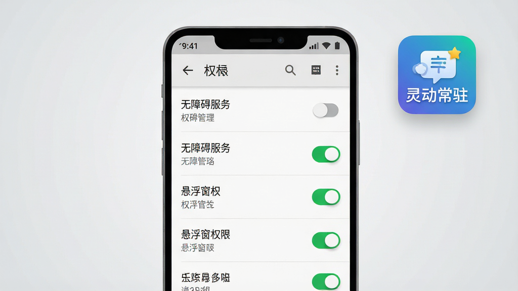 一张安卓手机设置界面的示意图,画面展示权限管理列表,其中无障碍服务与悬浮窗权限开关处于开启状态,手机屏幕旁有“灵动常驻”应用图标,布局为手机居中、图标悬浮于右上角,风格为扁平化系统界面示意图,细节包含开关高亮绿色、列表文字清晰、背景为浅灰渐变,画质高清、干净、无多余元素