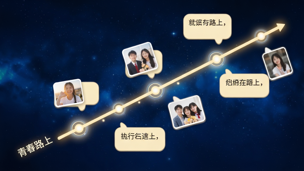 画面主体为一条从画面左下角向右上角延伸的发光时间轴,时间轴上均匀分布着圆形节点,每个节点连接一张小尺寸的照片卡片和一段文字气泡;布局采用对角线构图,背景为深蓝色渐变星空;风格科技感与温情并存;细节包括节点处的微光晕染、照片卡片的圆角边框、文字气泡的淡黄色底纹;画质高清、干净、无多余元素,时间轴起点处标注
