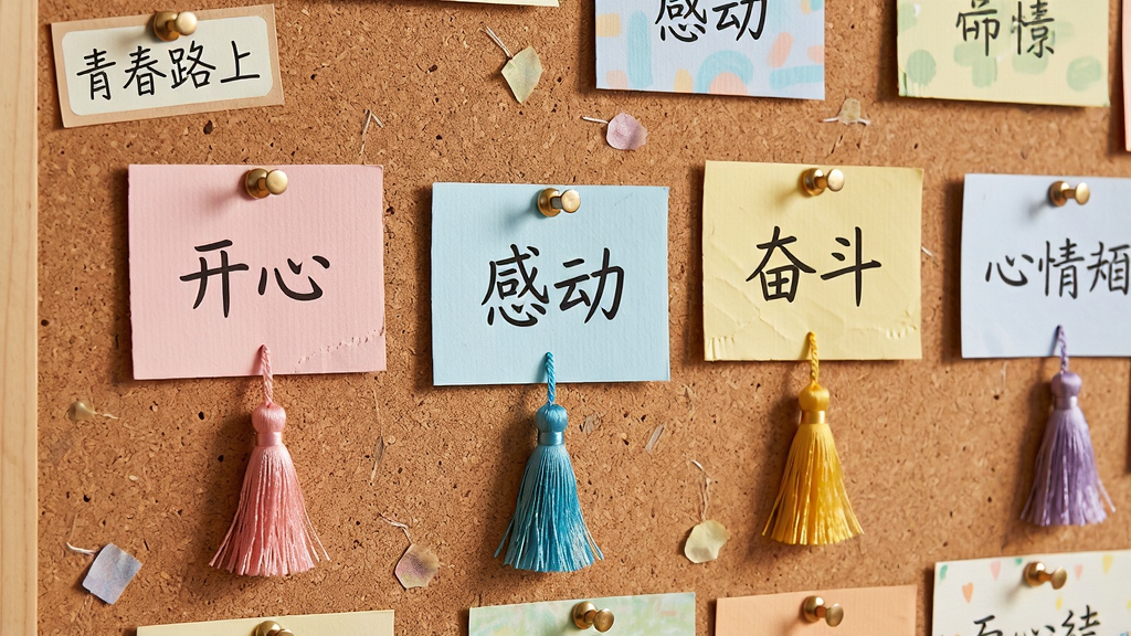 画面主体为一面色彩柔和的软木板墙,墙上用图钉固定着多张彩色卡片,每张卡片上写有一个心情词语如