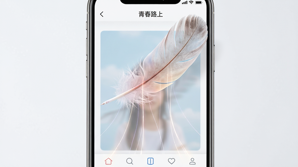 画面主体为一支轻盈的羽毛悬浮在智能手机屏幕上方,手机屏幕显示简洁的青春记录界面,羽毛与屏幕之间有几缕细小的光丝连接;布局采用上下垂直构图,手机居中,羽毛在上方微微倾斜;风格轻盈简约、现代感;细节包括羽毛的细腻纹理、光丝的柔和渐变、手机边框的金属质感;画质高清、干净、无多余元素,手机屏幕界面顶部显示