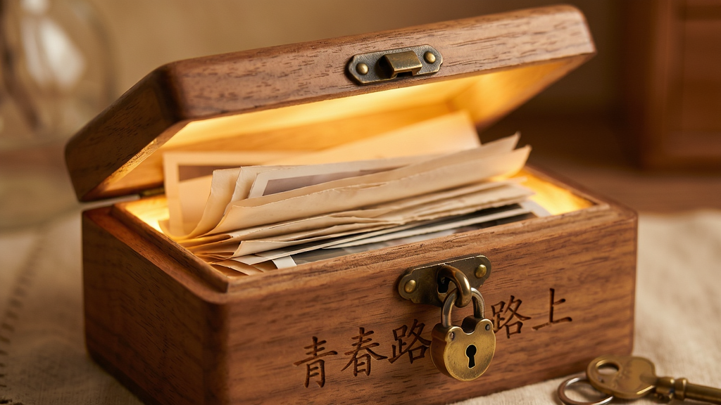 画面主体为一个半开的木质小匣子,匣子内部散发柔和暖光,匣内整齐叠放着几封信笺和照片,匣子外侧贴着一把精致的小锁扣,旁边放着一把钥匙;布局采用微距特写居中构图,背景虚化为暖色调;风格安静私密、治愈系;细节包括木纹的细腻质感、锁扣的金属反光、信笺边缘的微卷;画质高清、干净、无多余元素,匣子正面刻有