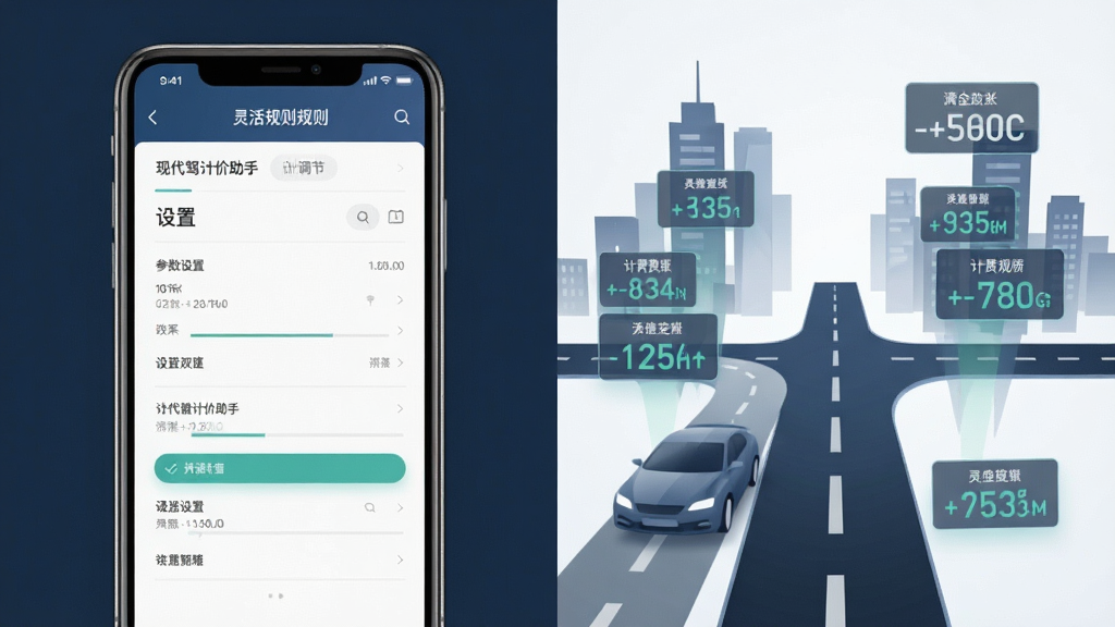 一张表现代驾计价助手灵活计费规则的示意图,画面左侧为手机屏幕显示参数设置面板,右侧为抽象化的城市道路与计价数字元素,主体突出计费规则可调节的特点,布局左右分栏,风格简洁商务,细节清晰,画质干净,无多余元素