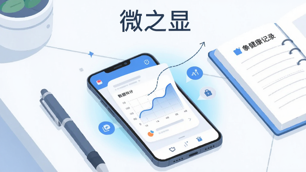 画面主体为一部智能手机,屏幕中央显示微之显软件的数据图表界面,曲线平滑上升,周围环绕浅蓝色健康光晕与简约图标;手机放置在干净的白色桌面上,旁边摆放一支笔和一本打开的健康记录本;整体采用扁平化插画风格,色调以蓝白为主,细节清晰,画质干净明亮,无多余杂乱元素,图片上方用简洁字体书写