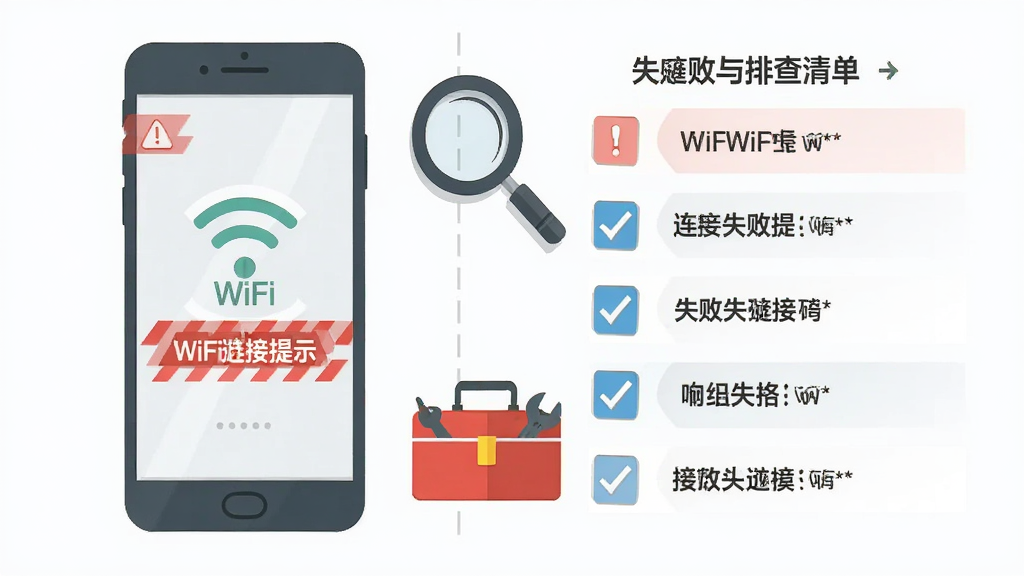 手机屏幕显示WiFi连接失败提示与排查清单,旁边有放大镜与工具箱图标;布局为左右分栏,左侧手机右侧清单;风格为扁平化信息图;细节包含红色警示标、蓝色对勾、简洁文字条目;画质清晰干净,无多余元素
