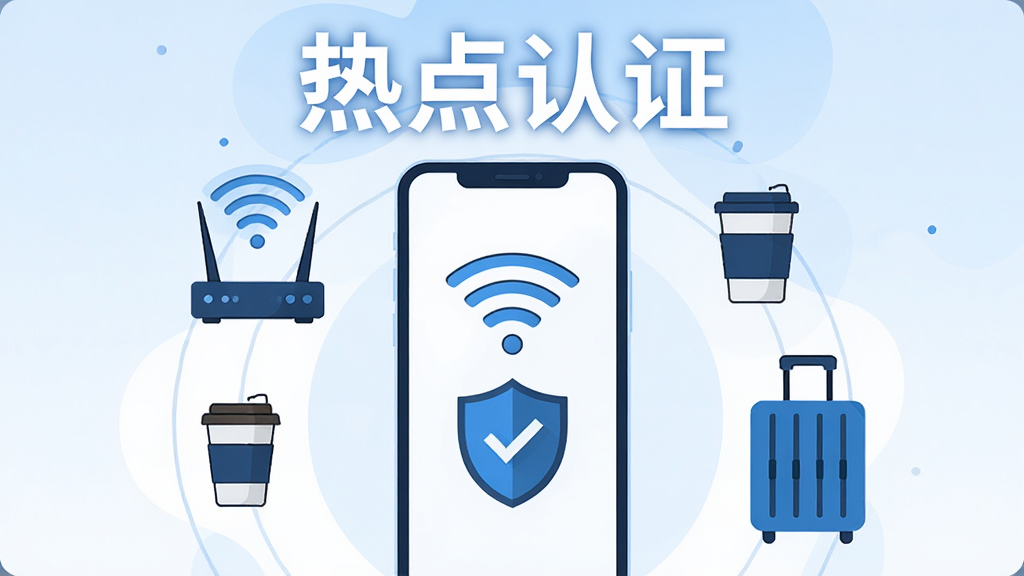 画面主体为一部竖屏智能手机,屏幕中央显示WiFi信号图标与盾牌形认证标识,周围环绕路由器、咖啡杯、行李箱等出行元素;布局采用居中对称构图,手机置于画面中心,元素呈环形分布;排版简洁,顶部留白放置“热点认证”四个大字;风格为现代扁平化科技插画,蓝白主色调;细节包括信号波纹、认证对勾、简洁线条图标;画质高清干净,无多余元素