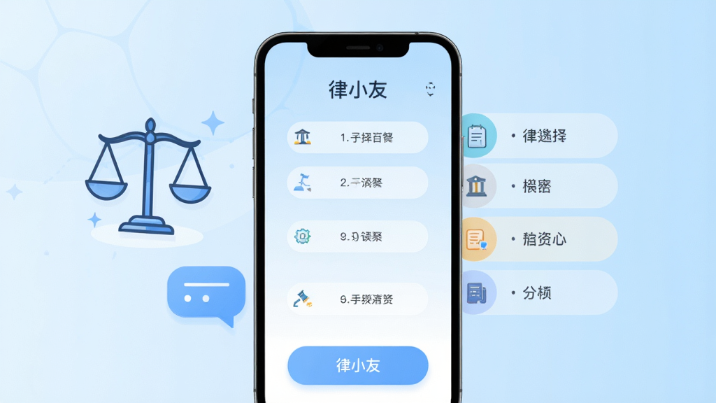 画面主体为一部手机,屏幕中显示分步骤选择式问答界面,左侧漂浮法律天平图标与对话气泡,右侧为分类选项卡,布局左右呼应,排版疏朗,风格为清新扁平插画,细节包含浅蓝渐变背景、圆角按钮、简洁线性图标,画质高清,画面干净无多余元素,图中文字为“律小友”