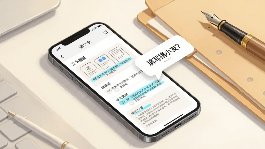 画面主体为一部手机斜放在桌面上,屏幕内展示文书模板列表与填写提示气泡,手机旁边摆放文件夹与钢笔,布局为斜角构图,排版富有层次,风格为柔和写实插画,细节包含暖白桌面、浅灰阴影、蓝色高亮标注线,画质细腻,画面干净无多余元素,图中文字为“律小友”