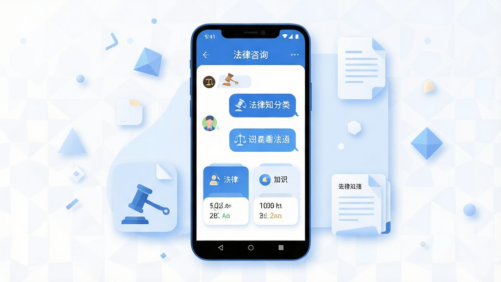 手机屏幕中央显示法律咨询类应用界面,画面主体为一部竖放的安卓手机,屏幕内呈现简洁的聊天式问答窗口与法律知识分类卡片,手机周围环绕浅色几何图形与文档图标,布局居中对称,排版干净利落,风格为现代扁平化科技插画,细节包含柔和阴影、圆角卡片、蓝白主色调,画质清晰锐利,画面干净无多余元素