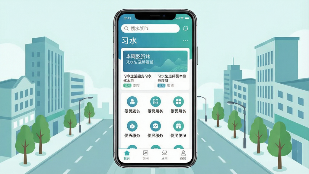 一张展示习水生活网应用界面的手机场景图,画面中央是一部竖屏智能手机,屏幕内显示本地生活服务类应用的首页布局,顶部为搜索栏与城市名称“习水”,中部为资讯卡片与便民服务图标网格,底部为导航栏,手机周围环绕着习水城市街景的淡雅插画元素,如楼房、街道、绿树,整体采用清爽的蓝绿色调,扁平化设计风格,排版居中对称,细节清晰,画质干净,无多余元素