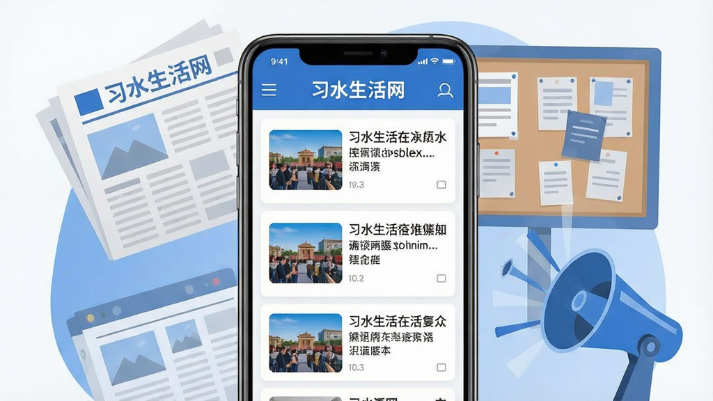 一张表现本地资讯聚合功能的场景图,画面主体为一部手机屏幕显示习水生活网的资讯列表页面,页面中包含多条带缩略图的新闻卡片,手机后方以半透明图层叠加报纸、公告栏、广播喇叭等资讯元素,整体布局为手机居中、元素环绕,风格为现代扁平插画,配色以蓝色和白色为主,细节清晰,画质干净,画面中可出现“习水生活网”字样