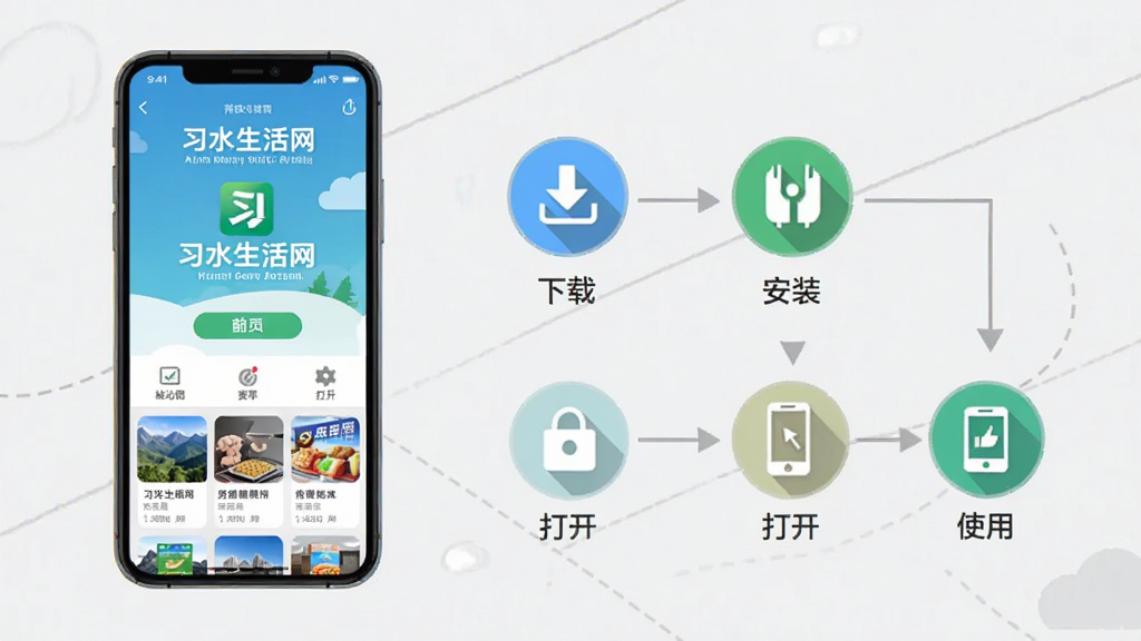 一张展示手机应用安装与使用步骤的示意图,画面主体为一部手机屏幕显示习水生活网的安装完成界面与首页,手机旁以步骤图标形式展示“下载”“安装”“打开”“使用”四个环节,每个环节配简洁图标,整体采用浅灰质感扁平风格,布局为横向步骤排列、手机置于左侧,细节清晰,画质干净,画面中可出现“习水生活网”字样