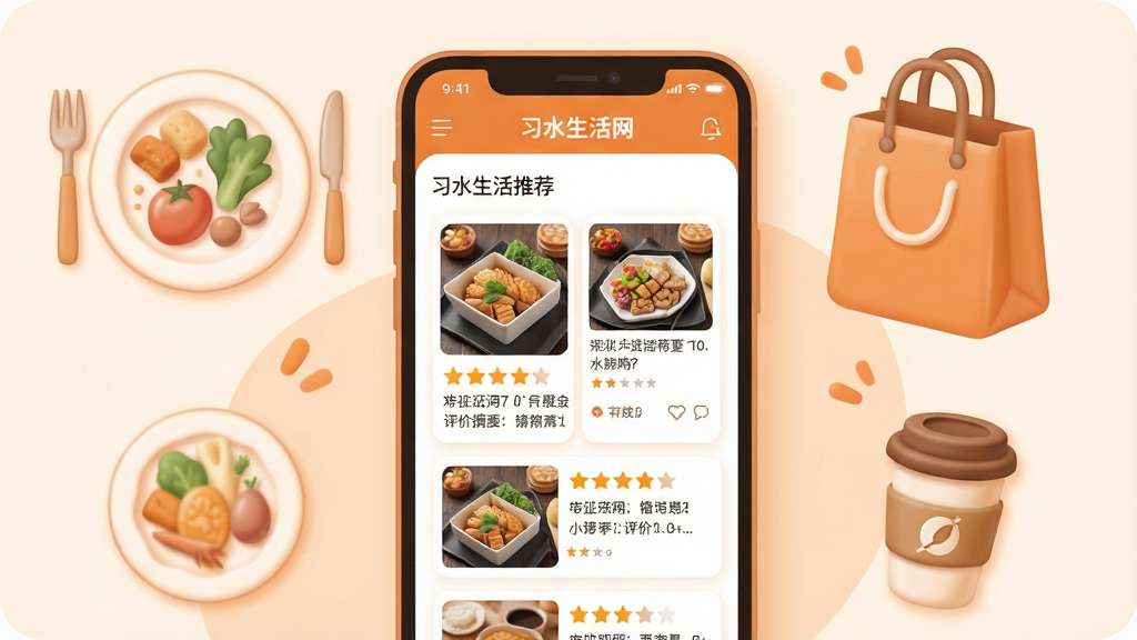 一张展示生活消费指南功能的场景图,画面主体为手机屏幕显示习水生活网的商家推荐页面,页面中包含店铺卡片、评分星级与评价摘要,手机旁放置有餐盘、购物袋、咖啡杯等消费场景插画元素,整体采用温暖橙色调,柔和圆角风格,布局为手机居中、插画点缀四周,细节丰富,画质干净,无多余元素