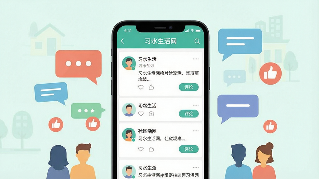 一张表现社区互动交流功能的场景图,画面主体为手机屏幕显示习水生活网的社区帖子列表页面,页面中包含用户头像、文字内容与评论按钮,手机周围环绕着对话气泡、点赞图标与人物剪影插画,整体风格为清新浅色扁平设计,布局为手机居中、气泡环绕,细节清晰,画质干净,画面中可出现“习水生活网”字样