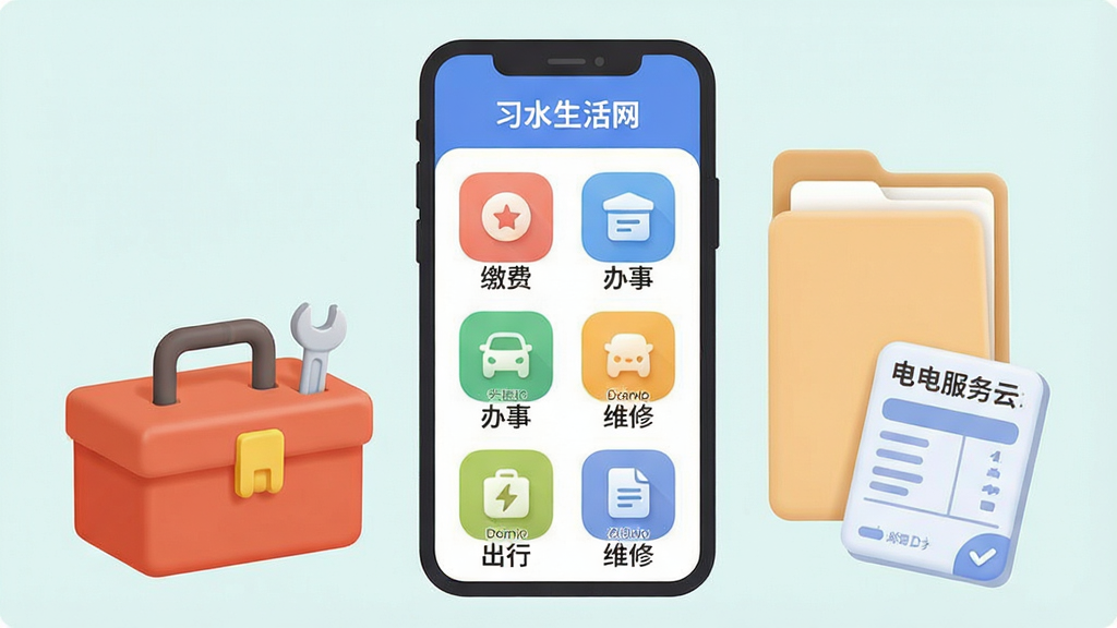 一张展示便民服务入口功能的场景图,画面主体为手机屏幕显示习水生活网的便民服务图标网格页面,图标包含缴费、办事、出行、维修等服务类别,手机旁放置有工具箱、文件袋、水电缴费单等生活物件插画,整体采用柔和圆角风格,浅色背景,布局为手机居中、物件点缀两侧,细节丰富,画质干净,无多余元素