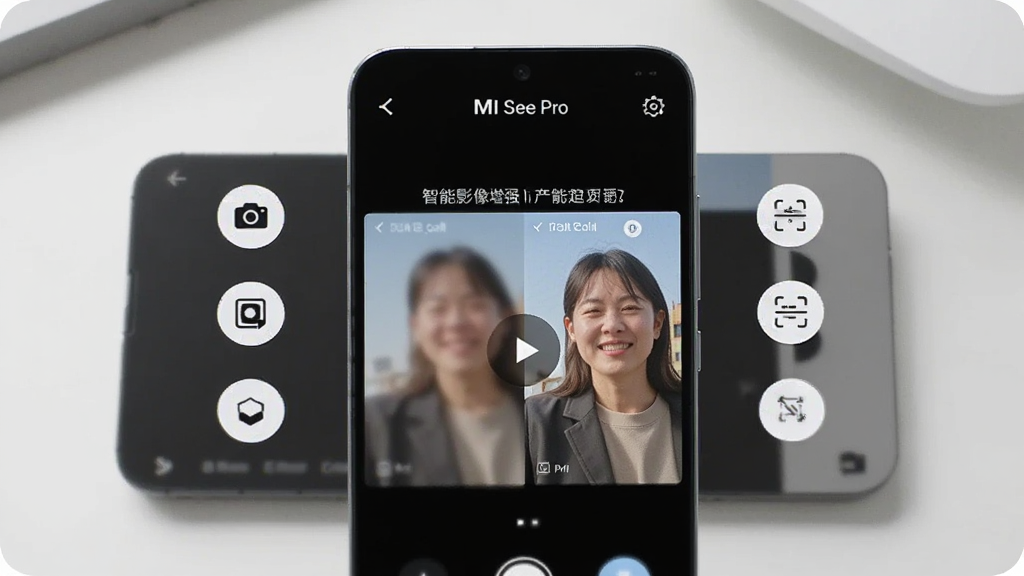 一张展示智能手机屏幕的写实风格图片,屏幕中央显示 Mi See Pro 软件的主界面,界面中有智能影像增强的预览效果对比,左侧为模糊照片右侧为清晰照片,周围环绕着相机、滤镜、文档扫描等圆形功能图标,背景为浅色简洁桌面,画面干净明亮,风格现代科技感,细节清晰,画质高清,无多余元素