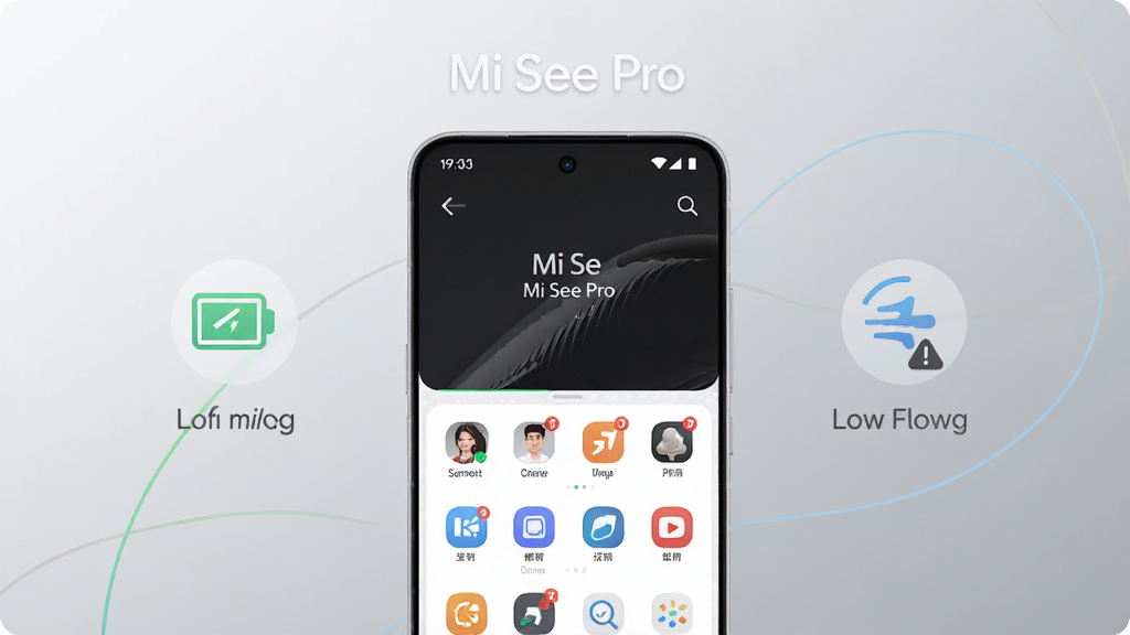 一张表现 Mi See Pro 轻量化运行的示意图,手机屏幕显示软件主界面和低功耗提示标识,背景为简洁的浅灰渐变,画面中有电量与运行流畅的抽象图标,风格清爽极简,布局居中,细节干净,画质高清,带文字