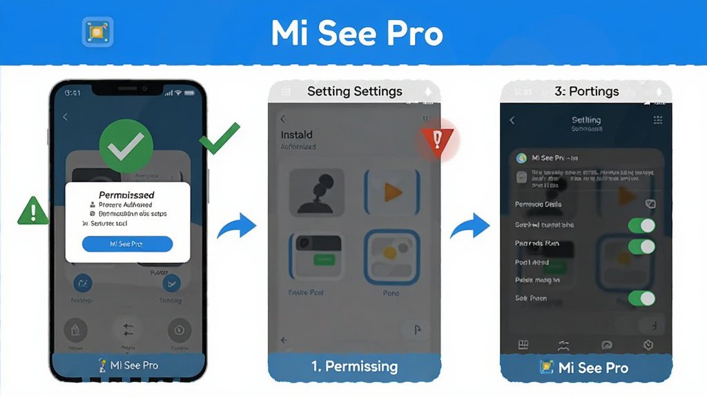 一张展示 Mi See Pro 在手机上安装与权限设置流程的示意图,屏幕显示权限授权弹窗和设置开关,旁边有对勾与警示图标,风格扁平化教学示意,布局清晰分步,色调以蓝白为主,细节简洁,画质干净高清,带文字