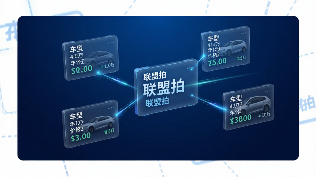 一张展示车源信息聚合的科技感画面,主体是悬浮在空中的多块车辆信息卡片,每张卡片上标注车型、年份、价格等数据,卡片之间用光线连接,背景为深蓝色渐变,风格为现代科技风,细节精致,画质高清干净,画面中带有“联盟拍”字样,无多余元素