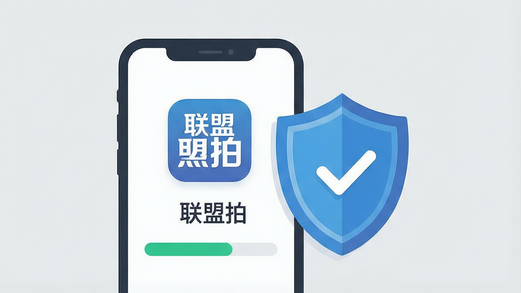 一张表现手机应用安装与安全使用指引的扁平化插画,画面中一部手机屏幕显示联盟拍App图标和安装进度条,旁边有盾牌图标代表安全防护,背景为浅灰色,风格简洁清新,细节清晰,画质干净,画面中带有“联盟拍”文字,无多余元素