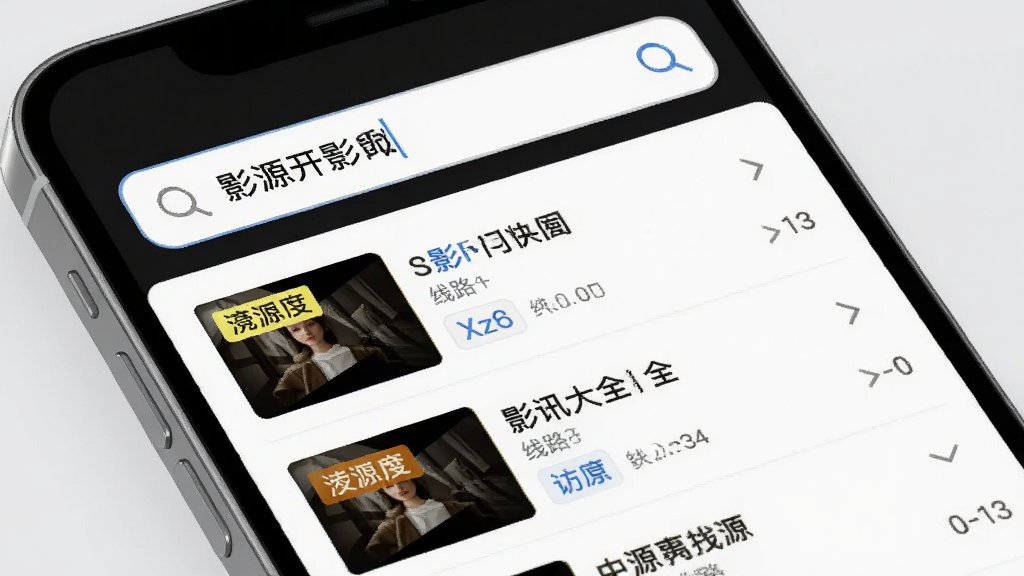 一张表现影讯大全快看多源搜索功能的示意图,画面主体为手机界面特写,搜索框内显示影片关键词,下方列出多条不同来源的搜索结果条目,每条结果带有清晰度标签与线路编号,背景为浅灰色,风格简洁科技感,画质清晰干净