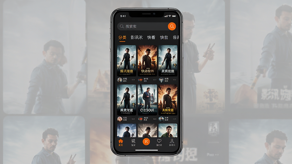 一张展示影讯大全快看软件主界面的效果图,画面中央是手机屏幕,屏幕内呈现影视海报网格布局,顶部有搜索框与分类标签,底部为导航栏,整体采用深色背景搭配橙色点缀的现代UI风格,界面干净整洁,文字清晰可辨,画质高清,无多余装饰元素