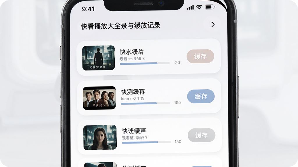 一张展示影讯大全快看播放记录与缓存管理界面的效果图,画面为手机屏幕内显示的列表页面,每条记录包含影片缩略图、片名、观看进度条与缓存按钮,界面采用圆角卡片设计,配色柔和,排版整齐,画质高清