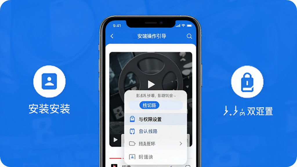 一张展示影讯大全快看移动端操作引导的效果图,画面为手机屏幕特写,屏幕内显示播放器界面与线路切换菜单,旁边配有简洁的图标提示安装与权限设置步骤,整体风格清爽直观,配色以蓝白为主,画质高清干净