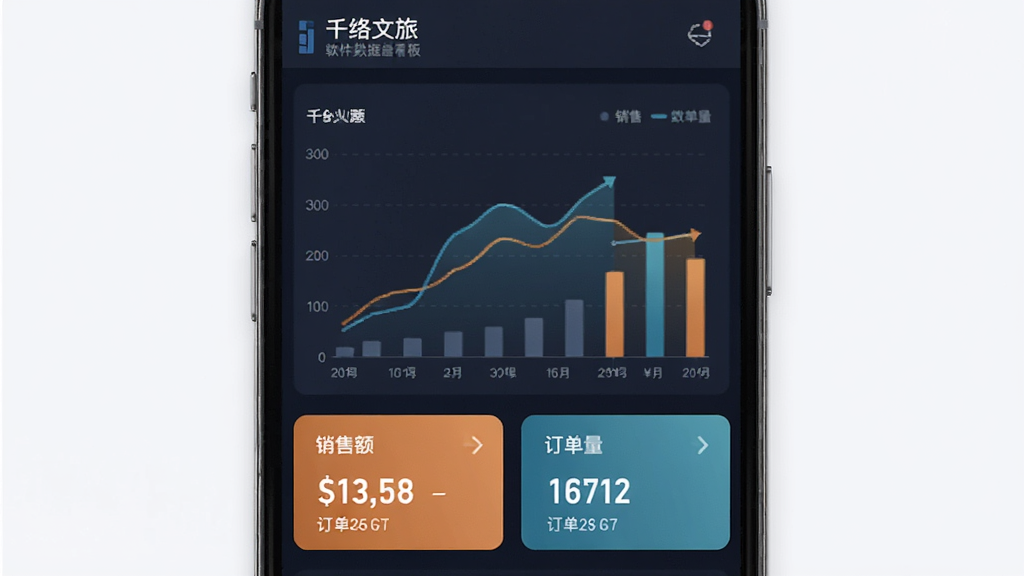 千络文旅软件数据看板界面,手机屏幕展示折线图与柱状图组合的经营数据报表,图表下方有销售额与订单量数字卡片,整体风格商务简洁,配色沉稳,高清画质,画面干净