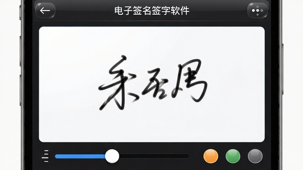 电子签名签字软件的手写笔迹采集界面特写,画面主体是一块白色签名区域,上面有一行流畅连贯的手写中文签名,签名线条粗细均匀,界面顶部显示电子签名签字软件名称,底部有粗细调节滑杆与颜色选项,布局为居中排版,风格为清爽的移动应用界面展示,细节包括笔迹边缘的平滑处理与按钮的高光效果,画质清晰,画面干净,无多余元素