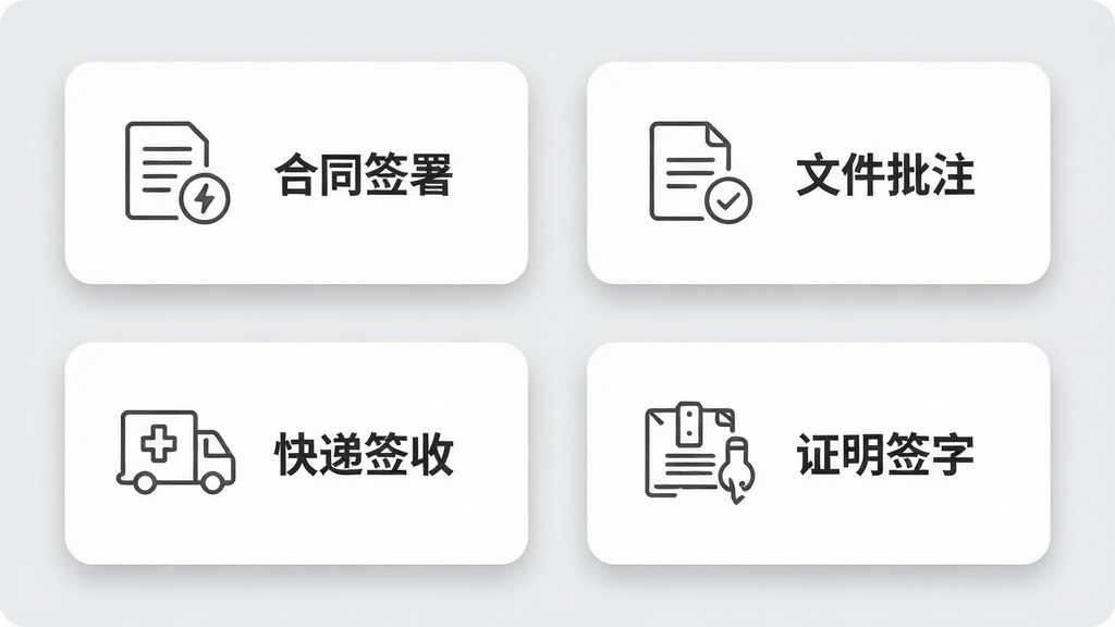 电子签名签字软件的多场景签名模板选择页面,画面中排列着合同签署、文件批注、快递签收、证明签字四个卡片式模板入口,每个卡片带有简洁的线条图标与中文标签,背景为浅灰色,布局为两行两列网格排版,风格为现代扁平化移动应用设计,细节包括卡片圆角、阴影层次与图标线条,画质高清,画面干净,无多余元素