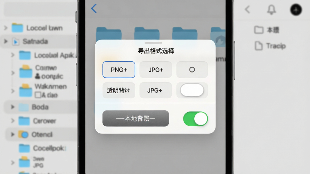 电子签名签字软件的文件导出与本地存储界面,画面主体是手机屏幕显示导出格式选择弹窗,包含PNG、JPG等选项与透明背景开关,背景中隐约可见本地文件夹目录结构,布局为弹窗居中排版,风格为简洁的移动端工具应用界面,细节包括按钮质感、开关状态与文件夹图标,画质清晰,画面干净,无多余元素