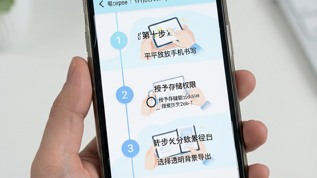 电子签名签字软件的新手操作引导页面,画面主体是手机屏幕显示分步操作提示,第一步为平放手机书写,第二步为授予存储权限,第三步为选择透明背景导出,布局为纵向步骤条排版,风格为清新浅色的移动应用引导界面,细节包括步骤序号圆标、示意插画与文字说明,画质清晰,画面干净,无多余元素