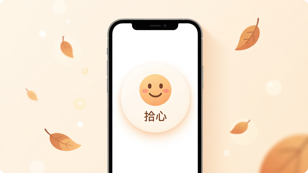 主体为一个简约的手机屏幕界面,屏幕中央显示一个柔和的圆形心情记录卡片,卡片上有微笑表情图标和“拾心”文字标识;布局为手机居中放置于浅米色背景中,周围点缀几片飘落的树叶和柔和光斑;排版简洁留白充足;风格为温暖治愈系扁平插画;细节包括柔和的渐变色调、圆角卡片、细腻的阴影层次;画质高清干净无多余元素