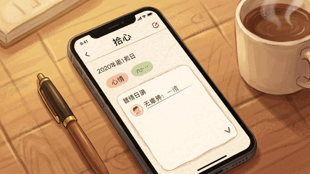 主体为手机屏幕展示一篇心情日记编辑界面,界面中有日期、心情标签和文字输入区域;布局为手机斜放在木质桌面上,旁边有一支笔和一杯热饮;排版温馨自然;风格为生活化治愈插画;细节包括屏幕中“拾心”应用标题、柔和的纸张质感背景、暖色调光影;画质细腻干净无多余元素
