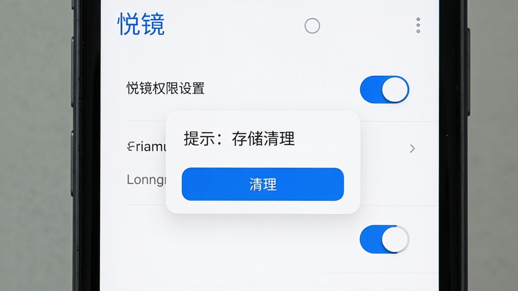 主体为手机屏幕显示悦镜的权限设置界面与存储清理提示弹窗;布局为手机居中、弹窗位于屏幕中央;排版为上下结构;风格为简洁工具类界面、白底蓝字;细节为权限开关清晰可见、弹窗内有“清理”按钮、屏幕顶部有“悦镜”字样;画质为高清、干净、无多余元素