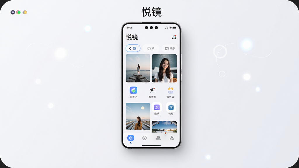主体为一部智能手机居中摆放,屏幕上显示“悦镜”应用的主界面,界面内有照片缩略图与功能图标;布局为手机居中、四周留白;排版为竖向构图、上方留出软件名称位置;风格为现代简约科技感、浅色背景;细节为手机边缘有柔和阴影、界面图标清晰可辨、背景点缀少量光斑;画质为高清、干净、无多余元素