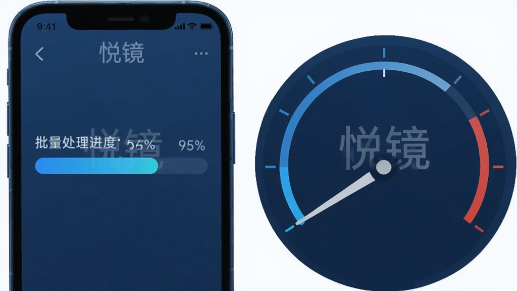 主体为手机与性能仪表盘组合示意,手机屏幕显示批量处理进度条;布局为手机居左、仪表盘居右;排版为横向组合;风格为科技蓝调、简洁扁平;细节为进度条显示百分比、仪表盘指针处于低位、背景有“悦镜”水印字样;画质为高清、干净、无多余元素