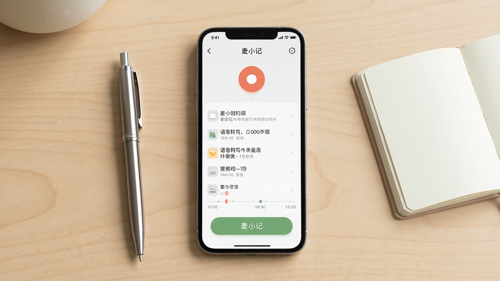 画面主体是一部智能手机,屏幕上显示“麦小记”应用主界面,界面包含录音按钮、语音转写文字列表与时间轴布局,手机置于浅木色桌面中央,旁边摆放一支笔和一本打开的小笔记本,整体排版为居中构图,风格清新简约,细节上强调屏幕内文字清晰可读、按钮圆润、图标统一,画质高清,画面干净,无多余元素