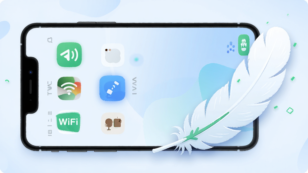 WiFi钥匙全能版轻量运行概念图,画面主体为一部手机与一片羽毛并排放置,手机屏幕显示应用图标,羽毛象征轻量,布局为水平居中排列,风格为极简清新插画风,细节包括淡蓝色背景、柔和阴影、绿色点缀,画质高清干净无多余装饰