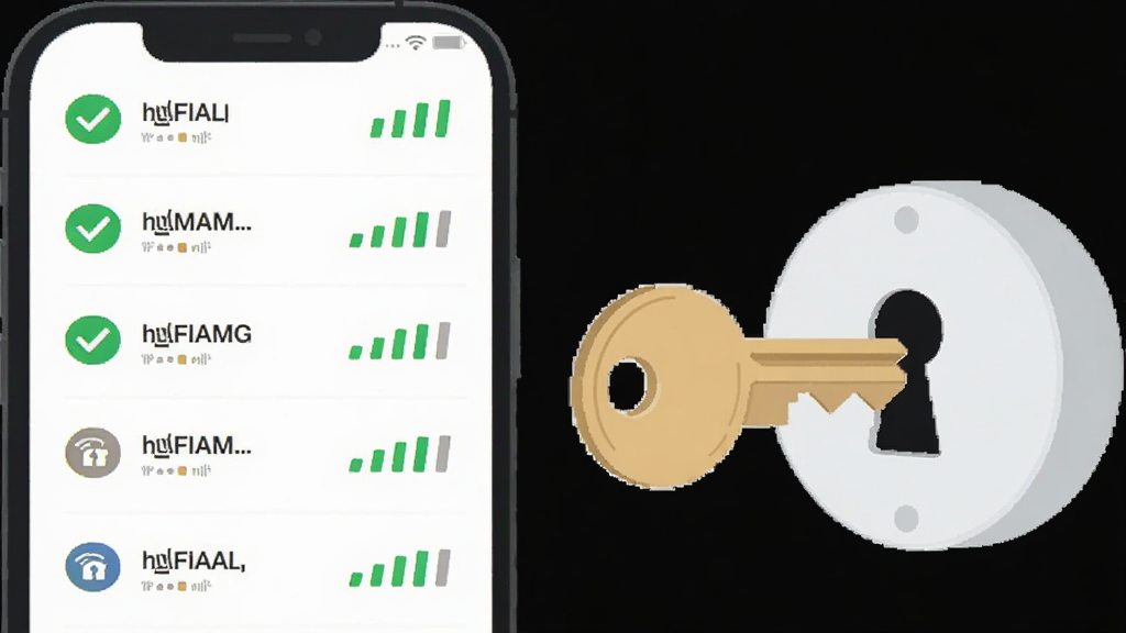 WiFi钥匙全能版应用功能展示图,画面左侧为手机界面列出多个WiFi热点名称与信号格数,右侧为一把钥匙插入锁孔的创意图形,布局为左右分栏对比式构图,风格为清爽扁平化设计,细节包括绿色对勾图标、信号强度条、锁形标识,画质清晰干净无杂乱元素
